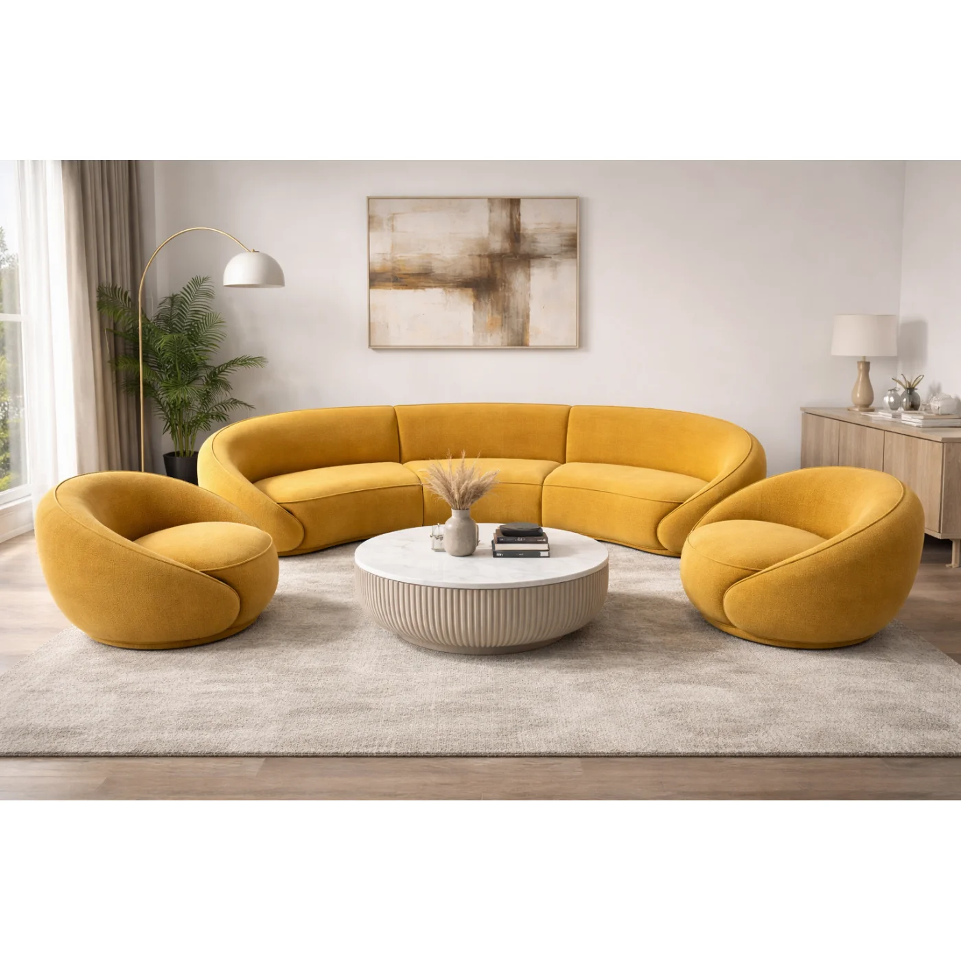 Modern Curved Modular Sofa Set – Mustard Yellow Velvet Lounge  (Warm Golden Yellow)