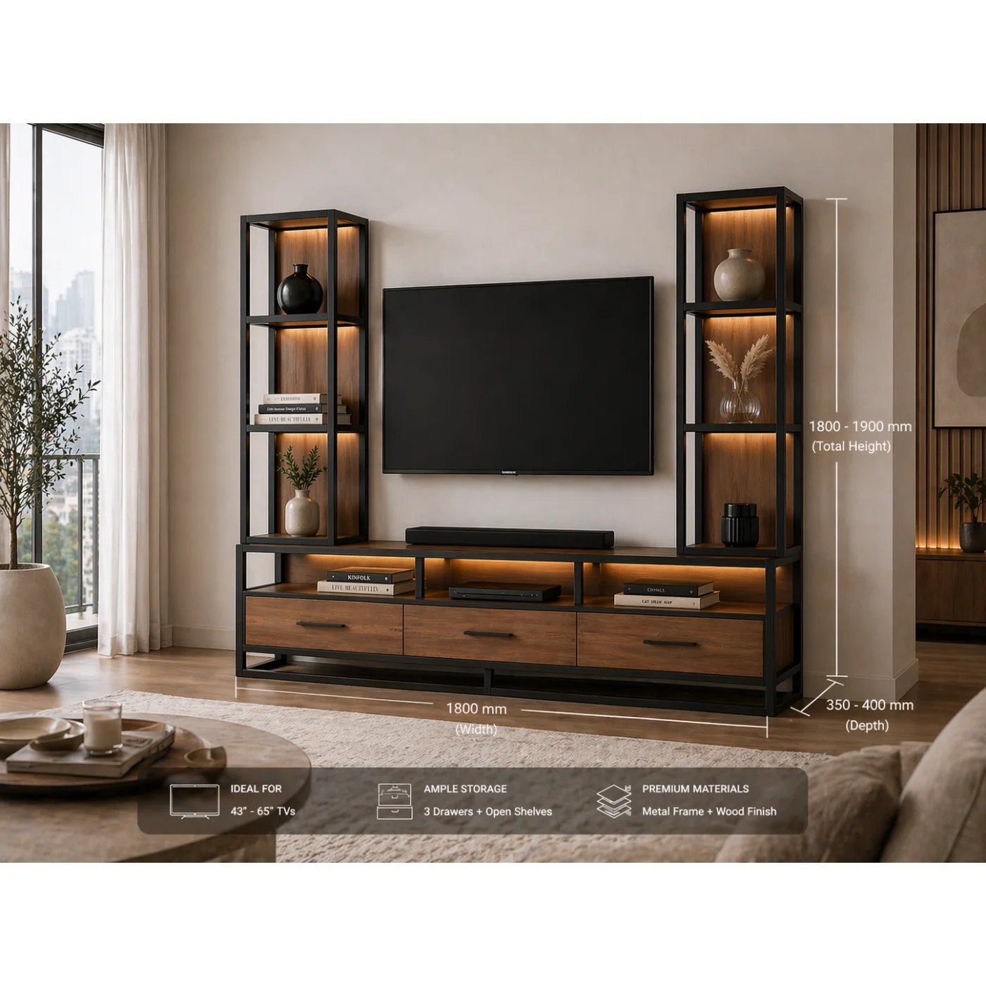 Ruff Decor AURA Series™ Industrial Luxe TV Console Wall System
